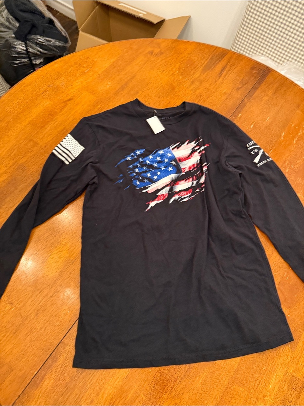 Grunt Style Black Long-Sleeve Tee with Distressed American Flag Medium
